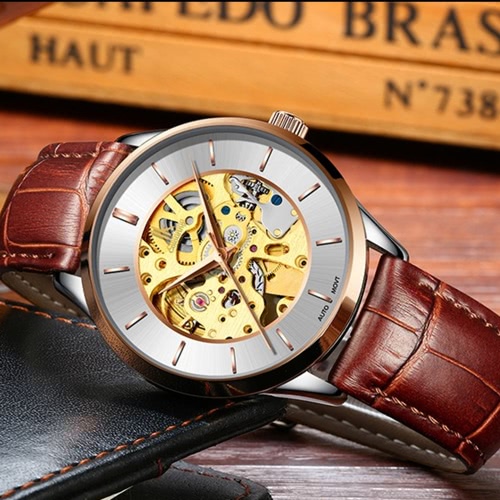 

IK COLORING Роскошный Skeleton Автоматические механические мужские часы Genuine Leather Self-Wind Watch Мужчины Случайные наручные