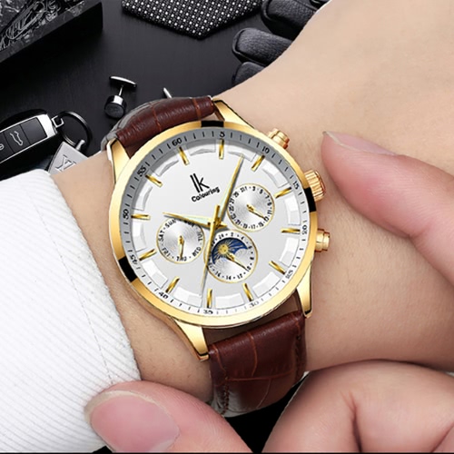 

IK COLORING Роскошные светящиеся автоматические механические часы Self-Wind Moon Phase Water-Proof Man Business Wristwatch Натуральная кожаная группа Chrono