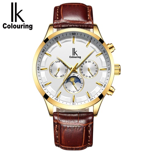 

IK COLOURING Luxury Luminous Automatic Mechanical Watch Self-Wind Moon Phase Water-Proof Man Business Wristwatch Genuine Leather Band Chrono