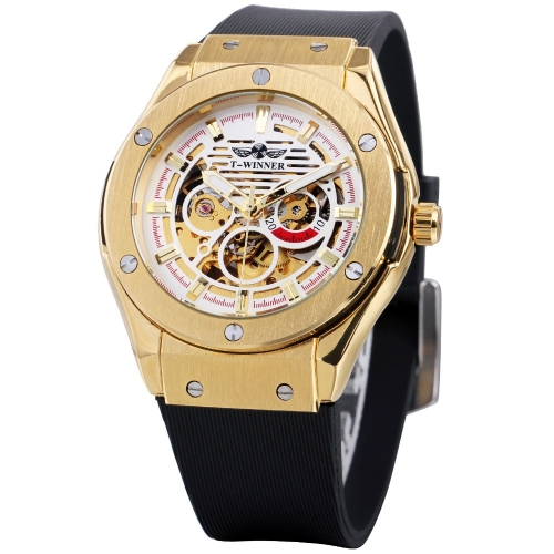 

WINNER Luminous Luxury Automatic Mechanical Men Watch Skeleton Self-Winding Sports Style Men Casual Wristwatch Rubber Band + Box