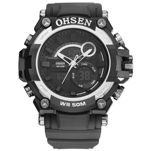 

OHSEN Dual Display Цифровые кварцевые мужские часы 5ATM Water-Proof Sports Watch Резиновая лента Хронограф / подсветка / будильник Masculino Relogio