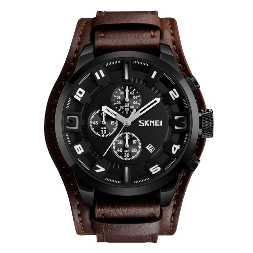 

SKMEI Fashion Casual Quartz Watch 3ATM Water-resistant Men Watches Genuine Leather Calenda Stopwatch Wristwatch Male