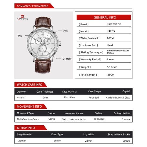 

NAVIFORCE NF3002 Leather Watch Brand Quartz Watches Independent Hour Date Day Window Luminous Business Casual Wrist Watch
