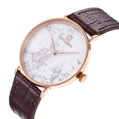 Quartz Watch IWOODEN Unisex Analog Watch with Leather Strap Marble Style Dial 3ATM Waterproof Business Casual Wristwatch for Men Women