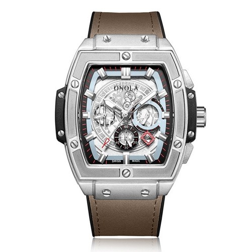 

Men's Quartz Watch with Leather Strap Luminous Display 3ATM Hollow-out Design Wristwatch