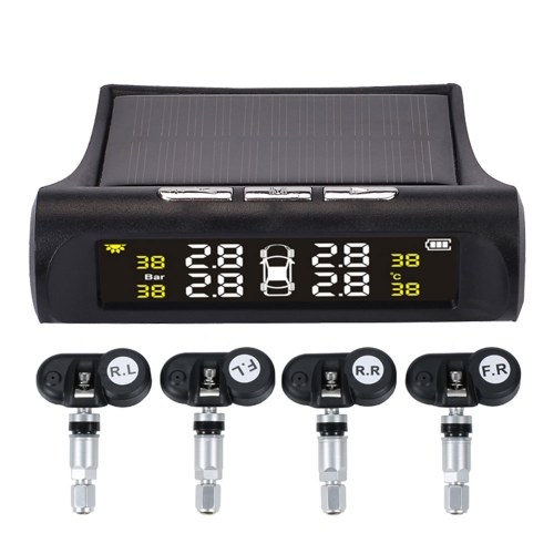 Car TPMS Tire Pressure Digital Solar Energy Monitoring System Auto Security Tire Pressure Alarm Systems LCD Display with 4 Internal Sensors