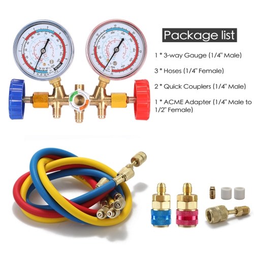 3 Way Refrigerant Gauge AC Diagnostic Manifold Freon Gauge Set for R134A R12 R22 R502 Refrigerants with Couplers and Acme Adapter 
