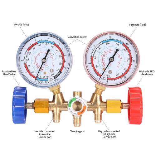 3 Way Refrigerant Gauge AC Diagnostic Manifold Freon Gauge Set for R134A R12 R22 R502 Refrigerants with Couplers and Acme Adapter 