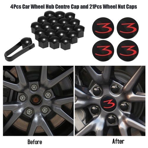 4Pcs Car Wheel Hub Center Cap Cover Base and 21Pcs Gloss Black Wheel Nut Caps