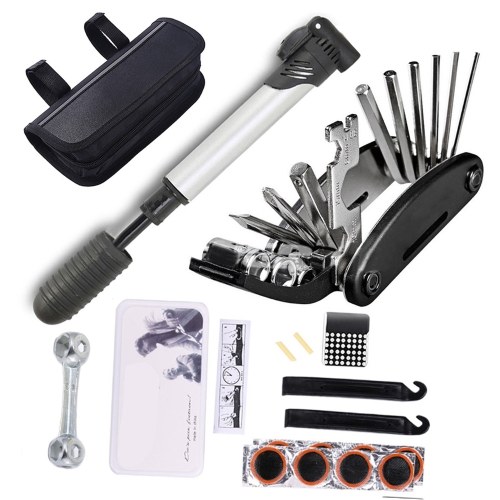 Trousse d'outils de réparation de pneus à vélo 16 en 1 Trousse d'outils à vélo multifonction avec mini-pompe, outil de réparation mécanique à vélo avec patch de pneus, clé solide, sac portable