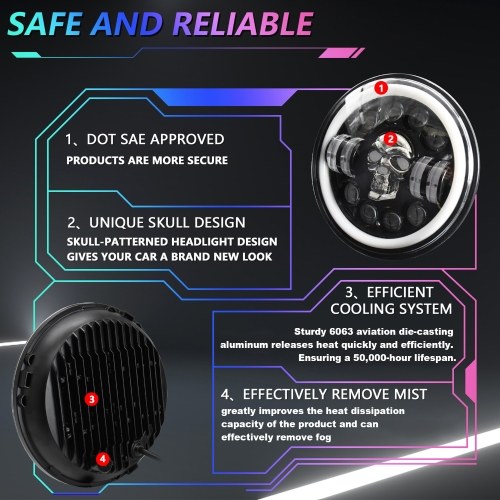 7 inch Round LED Headlight Skull Pattern LED Headlight with High/Low Beam Turn Signal DRL and Colorful Angle Eye Light 