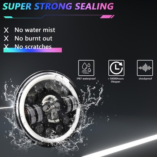 7 inch Round LED Headlight Skull Pattern LED Headlight with High/Low Beam Turn Signal DRL and Colorful Angle Eye Light 