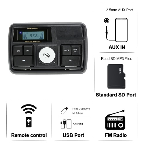 

Waterproof Motorcycle Handlebar Audio Amplifier System 3" Stereo Speaker FM MP3 USB SD AUX With remote control and alarm function
