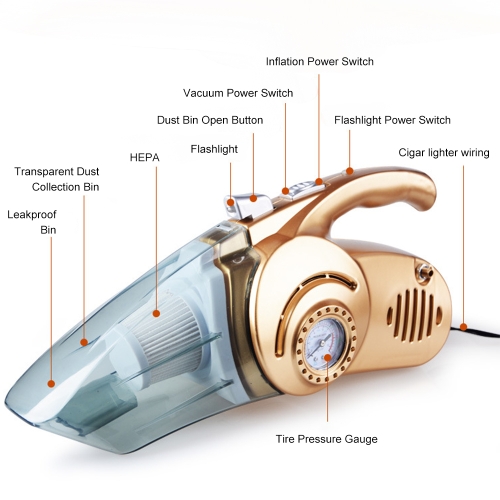 

Powerful Car Wet/Dry Vacuum Cleaner 4 in 1 Tire Inflator & Tire Pressure Gauge & LED Light Handheld Vacuum Sweeper