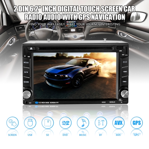 

6.2-дюймовый HD Digtal сенсорный экран 2 Din Car 6202 DVD-плеер CD / USB / BT Авто Мультимедиа Стерео радио в Dash MP5 Аудио Vedio Пульт дистанционного управления с GPS-навигацией