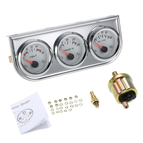 52MM Pression d'huile Celsius Jauge de Température de l'Eau Voltmètre Chrome 3 en 1 Jauge Kit Voiture Moto Mètre