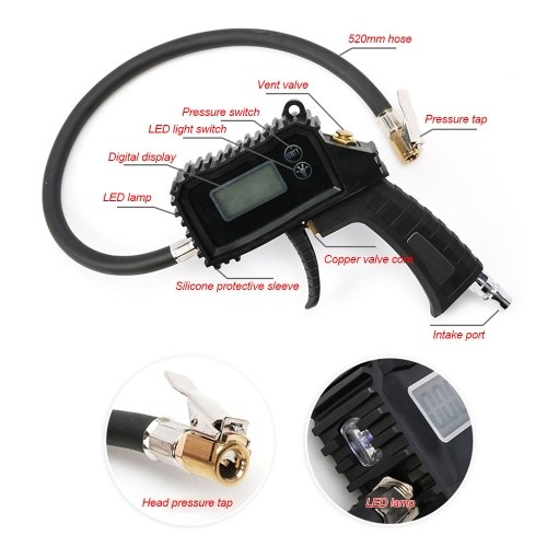 

Digital Tire Pressure Gauge Portable Tire Inflator Air Pressure Gauge with LED light, Rubber Hose，Handheld Pressure Pistol for Truck, Auto, Bike Inner Tube, LED Backlight Display