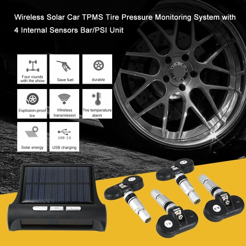 

Wireless Solar Car TPMS Tire Pressure Monitoring System with 4 Internal Sensors Bar/PSI Unit