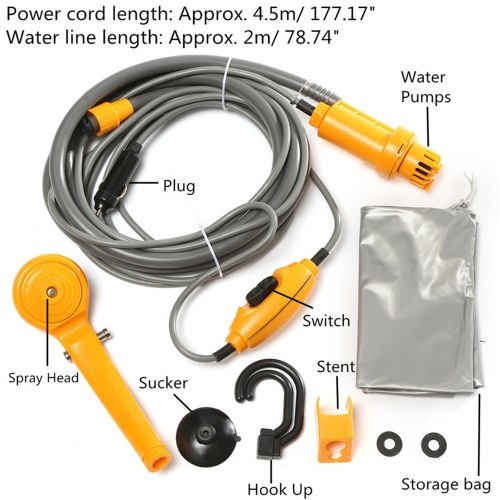 Portable Car Shower Washing Tool 12V - Pumps Water from Bucket Into Steady, Gentle Shower Stream for Camping Traveling Beach Swimming Pets Bath Outdoor/Indoor 
