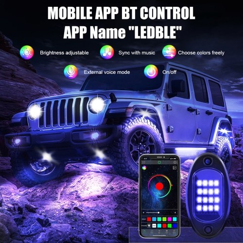 RGB LED Rock Lights Multicolor LED Lights Waterproof with APP BT 24 Key Controller Music Function for SUV ATV UTV 
