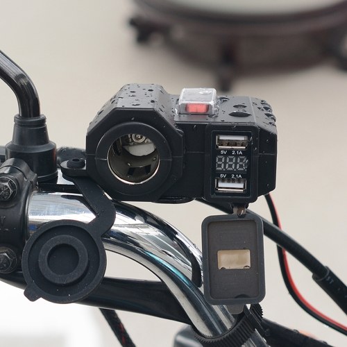 

5V/2.1A 3 in 1 Motorcycle Dual USB Charger Waterproof Motorcycle Cigarette Lighter Digital Display Voltmeter Handlebar Clamp Power Adapter Mobile Phone Charger