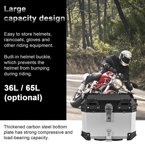 65L Motorcycle Rear Trunk Aluminum Alloy Luggage Case Quick Release Motorbike Tail Storage Box Waterproof & Shock Absorption with 2 Keys Reflective Sticker