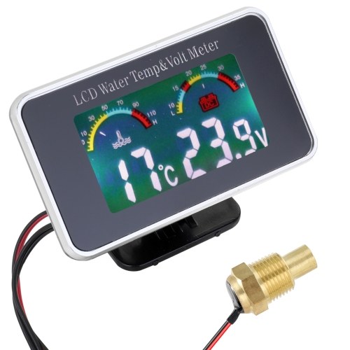 Car LCD Digital Display Water Temperature Meter Thermometer Voltmeter Gauge 2in1 Temp & Voltage Meter 1/8 10mm Thread Sensor 