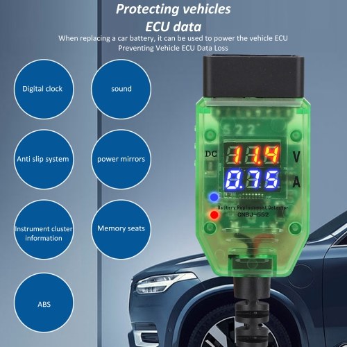 Automotive Battery Tester Dual Digital Voltage Current OBD Connector LED Indicator High Insulation ECU Data Protection Replace Car Battery (12V) 