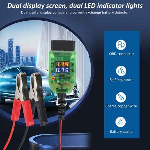 Automotive Battery Tester Dual Digital Voltage Current OBD Connector LED Indicator High Insulation ECU Data Protection Replace Car Battery (12V) 