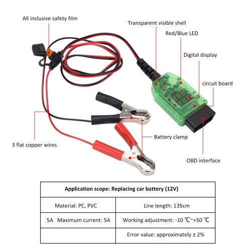 Automotive Battery Tester Dual Digital Voltage Current OBD Connector LED Indicator High Insulation ECU Data Protection Replace Car Battery (12V) 