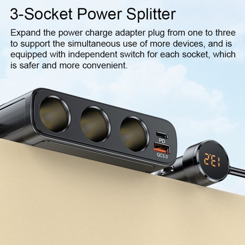 Car Chargers 128W PD+QC3.0 Quick Charging Adapter 3-Socket Power Splitter 12-24V with 4 USB Ports Volatge Display On-Off Switch for Car Truck SUV 