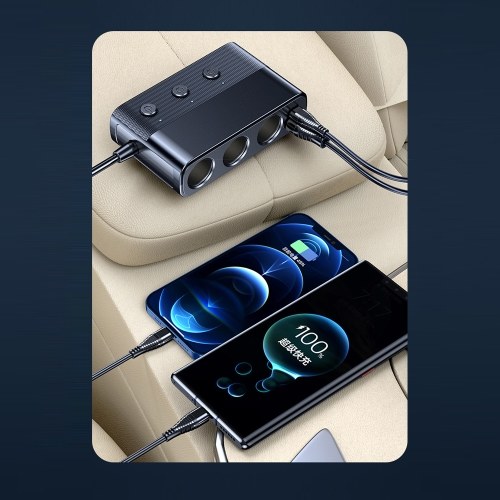 Car Chargers 128W PD+QC3.0 Quick Charging Adapter 3-Socket Power Splitter 12-24V with 4 USB Ports Volatge Display On-Off Switch for Car Truck SUV 