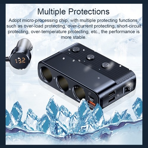 Car Chargers 128W PD+QC3.0 Quick Charging Adapter 3-Socket Power Splitter 12-24V with 4 USB Ports Volatge Display On-Off Switch for Car Truck SUV 