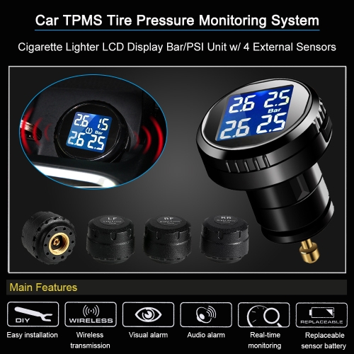 

Car TPMS Tire Pressure Monitoring System Cigarette Lighter LCD Display Bar/PSI Unit w/ 4 External Sensors
