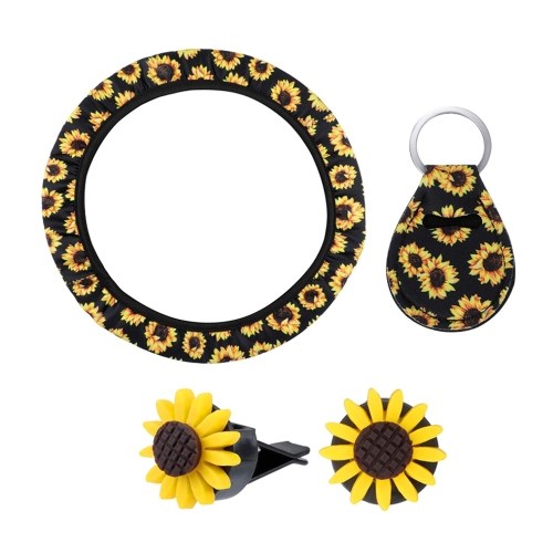 

6 Pieces Sunflower Car Accessories Set Include Sunflower Steering Wheel Cover,1 Piece Keyring,2 Pieces Seat Belt Covers,2 Pieces Car Vent