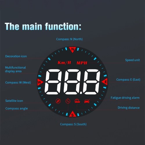 Car Head-up Display Digital Speedometer Display Driving Mileage Compass Angle Overspeed Alarm and Fatigue Driving Alarm