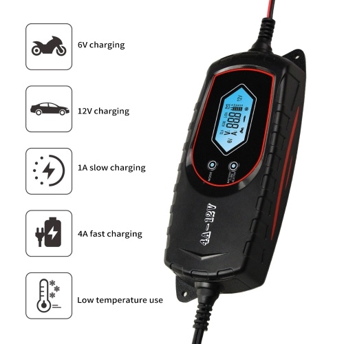 Car Battery Charger 4 Amp 6V/12V Fully Automatic Battery Charger with LCD Screen Intelligent Battery Maintainer for Car Boat Motorcycle ATV 