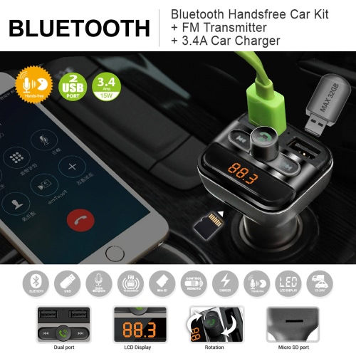 

BT FM Transmitter Handsfree Phone Calling Car Kit MP3 Player with TF Card Slot Dual USB Port Car Charger for iPad iOS Android Mobile Phone GPS Navigator