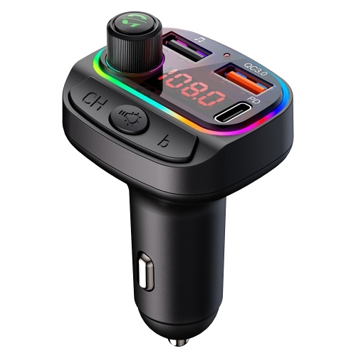 Chargeur de voiture QC 3.0 PD BT Adaptateur FM Lecteur de musique avec rétroéclairage LED Appels mains libres Deux ports USB