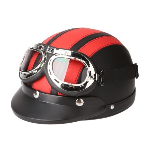 Motorcycle Scooter Open Face Half Leather Helmet with Visor UV Goggles Retro Vintage Style 54-60cm