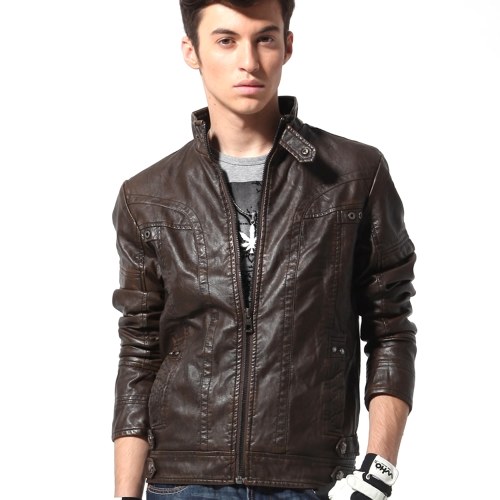 Fashion Leather Jacket Men PU Leather Stand Collar Motorcycle Jacket, TOMTOP 