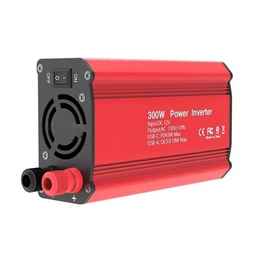 

300W Power Inverter 12V DC to 110V AC Automotive Conversion Power Supply QC3.0 with PD65W USB-C Charging Port 18W QC USB A Fast Charging Ports Intelligent Cooling Fan for Laptop Computer LED Light Phone-Red, EU Plug