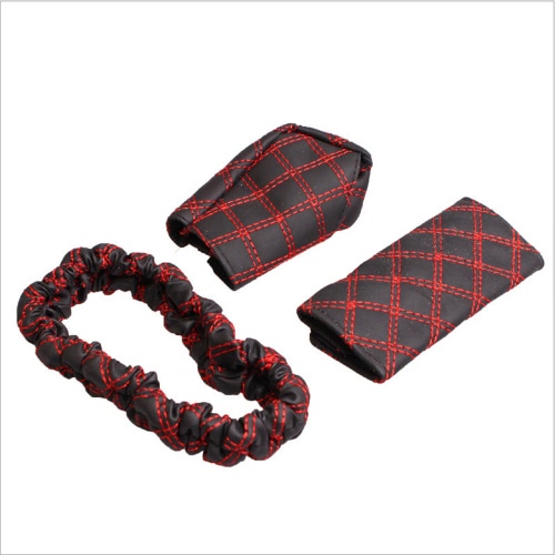 3PCS Fashion Car PU Interior Accessories Rearview Mirror Hand Brake Gear Shift Case Cover Soft Comfortable Adjustable Strap