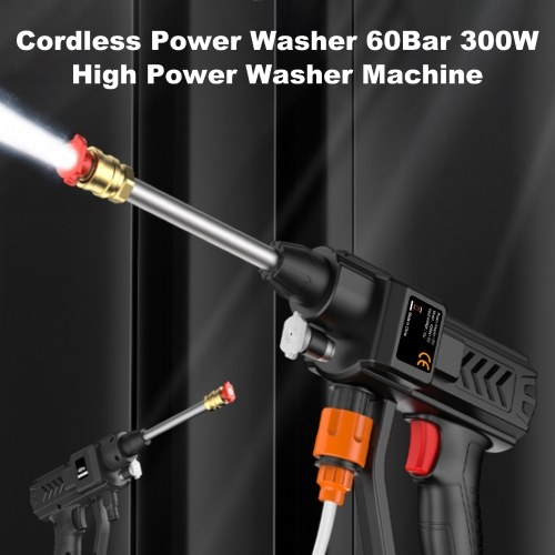 60Bar 300W High Power Washer Machine with Rechargeable Battery 5in1 Nozzles for Car Fence Floor Cleaning Watering 