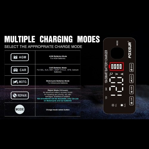 FOXSUR Automatic Battery Chargers 12V/10A 24V/5A Intelligent Pulse Repairing Charge Device