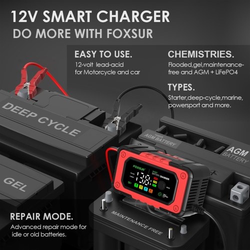 FOXSUR Car Battery Charger Smart Battery Charger with Large Colorful Display Multiple Protection for 12V Car SUV RV Motorcycle Truck 