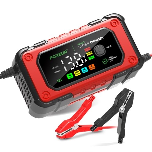 FOXSUR Car Battery Charger Smart Battery Charger with Large Colorful Display Multiple Protection for 12V Car SUV RV Motorcycle Truck 