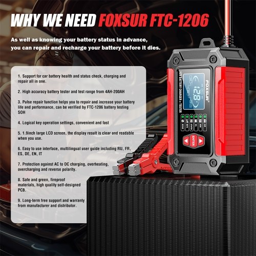 2 in 1 Car Battery Chargers and Tester 12V/6A Intelligent Pulse Repairing Charge Device 