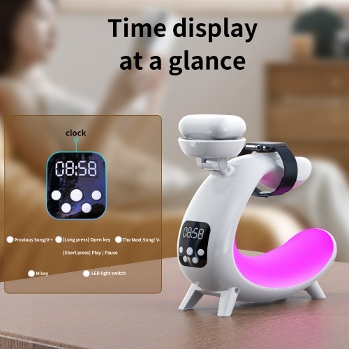 Bedside Table Lamp Colorful Night Light Wireless Charging for Cell Phone Watch Headphones Can be used as BT Audio/Clock/Ambient Light 