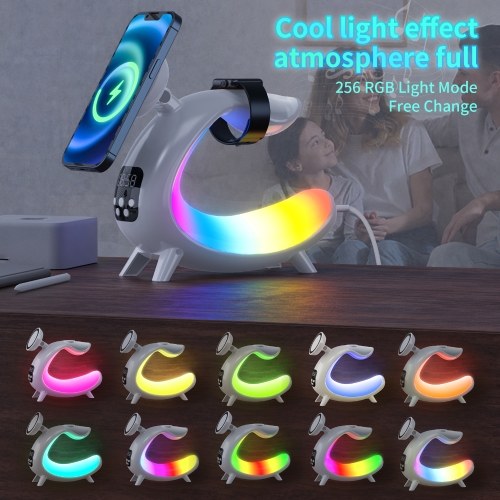 Bedside Table Lamp Colorful Night Light Wireless Charging for Cell Phone Watch Headphones Can be used as BT Audio/Clock/Ambient Light 
